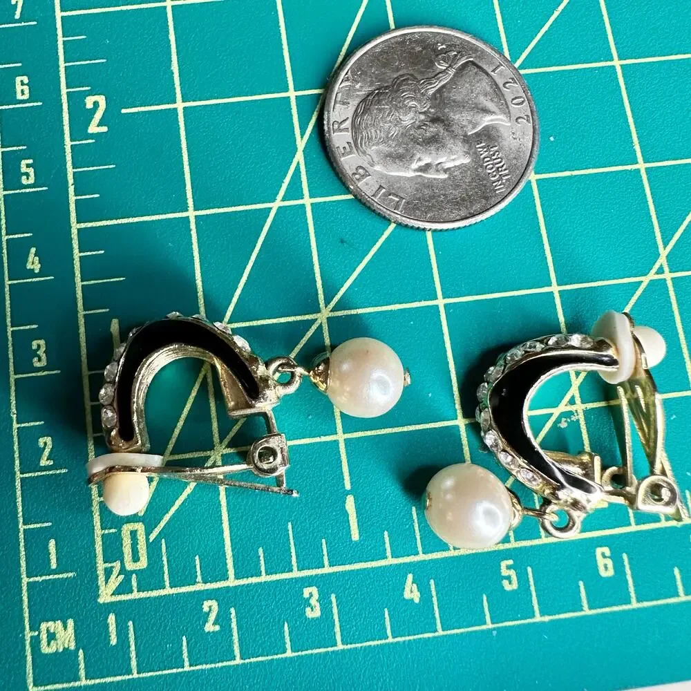 Vintage goldtone, black enamel, rhinestones, and faux pearl clip-on earrings